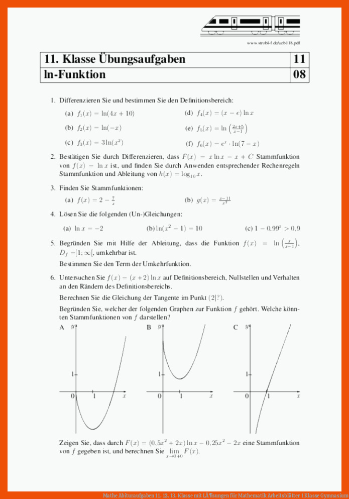 Mathe Abituraufgaben 11. 12. 13. Klasse mit LÃ¶sungen für mathematik arbeitsblätter 1 klasse gymnasium