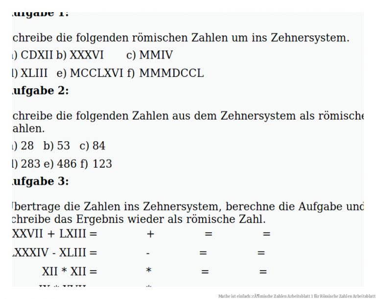 Mathe ist einfach: rÃ¶mische Zahlen Arbeitsblatt 1 für Römische Zahlen Arbeitsblatt