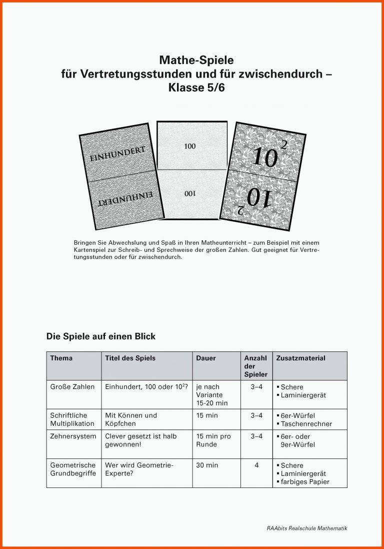 Mathe-Spiele fÃ¼r Vertretungsstunden und fÃ¼r zwischendurch, Klasse 5/6 für mathe spiele klasse 5 arbeitsblätter