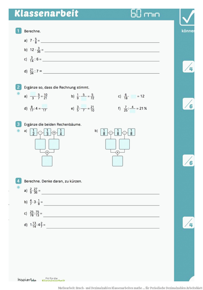 Mathearbeit: Bruch- und Dezimalzahlen | Klassenarbeiten mathe ... für Periodische Dezimalzahlen Arbeitsblatt