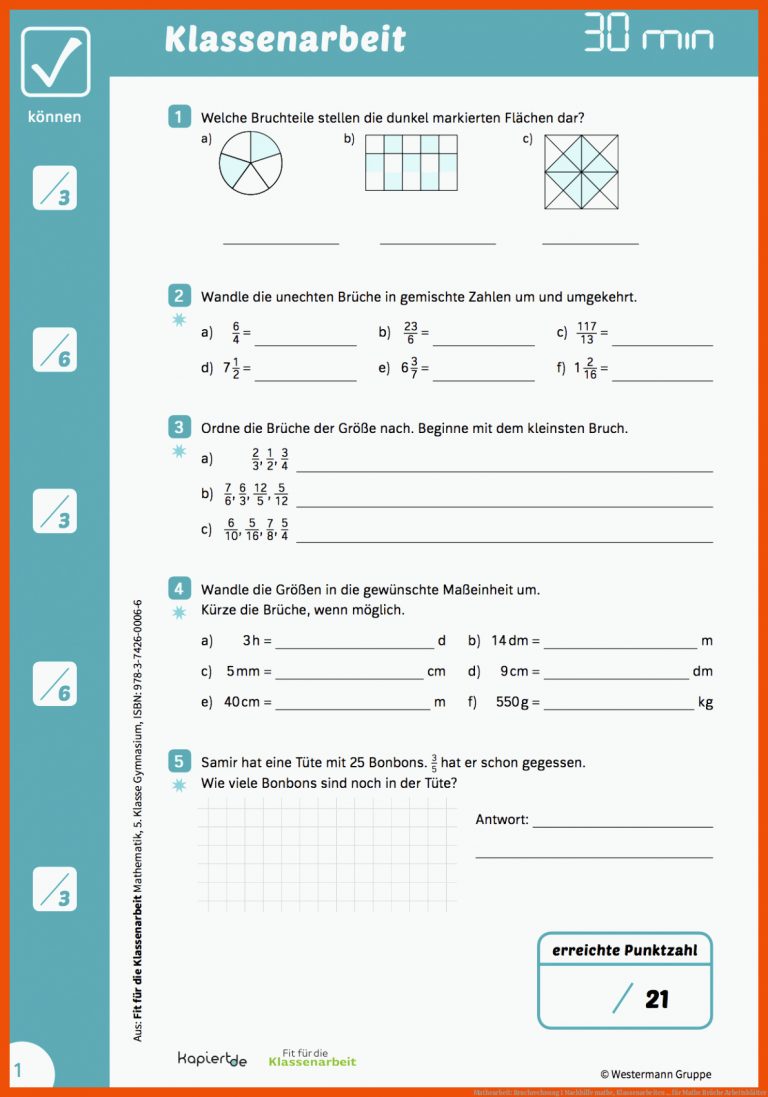Mathearbeit: Bruchrechnung 1 Nachhilfe Mathe, Klassenarbeiten ... Fuer Mathe Brüche Arbeitsblätter