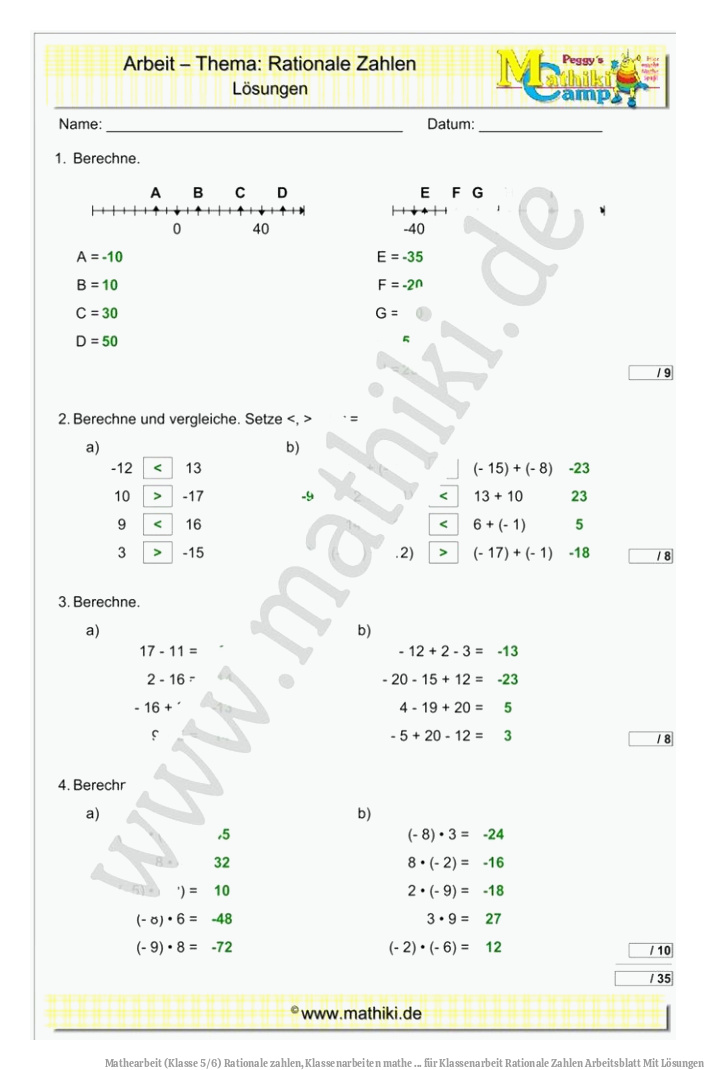 Mathearbeit (Klasse 5/6) | Rationale zahlen, Klassenarbeiten mathe ... für Klassenarbeit Rationale Zahlen Arbeitsblatt Mit Lösungen