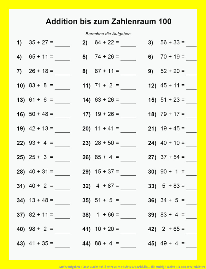 Matheaufgaben Klasse 2 ArbeitsblÃ¤tter Zum Ausdrucken SchÃ¶n ... für multiplikation bis 100 arbeitsblätter