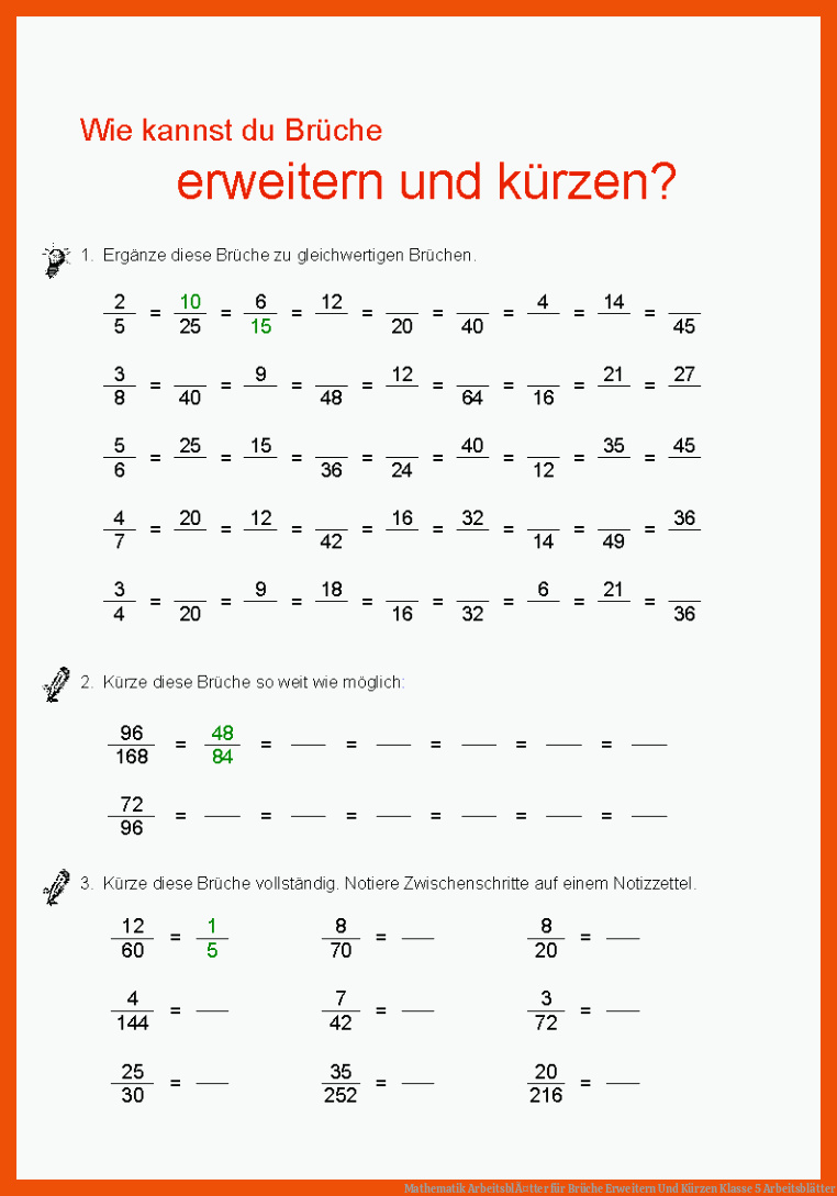 Mathematik ArbeitsblÃ¤tter für brüche erweitern und kürzen klasse 5 arbeitsblätter