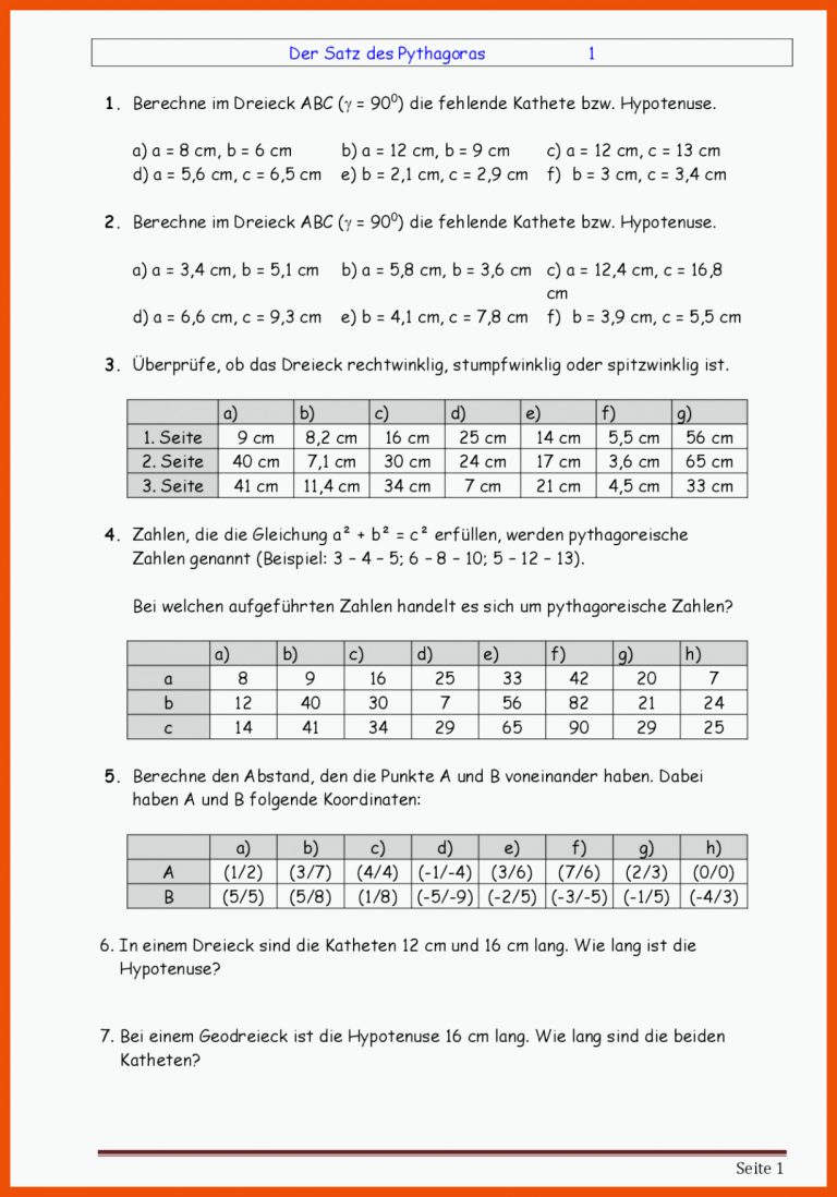 Mathematik Arbeitsblatt: Der Satz des Pythagoras / mit SchlÃ¼sseln ... für satz des pythagoras arbeitsblatt
