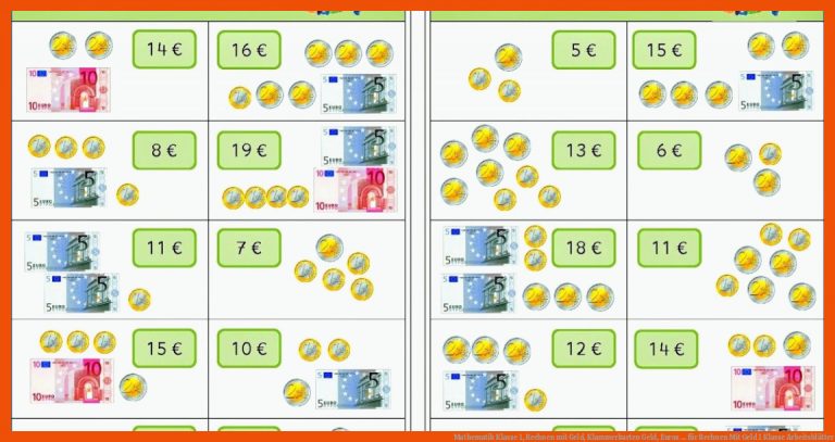 Mathematik Klasse 1, Rechnen mit Geld, Klammerkarten Geld, Euros ... für rechnen mit geld 1 klasse arbeitsblätter