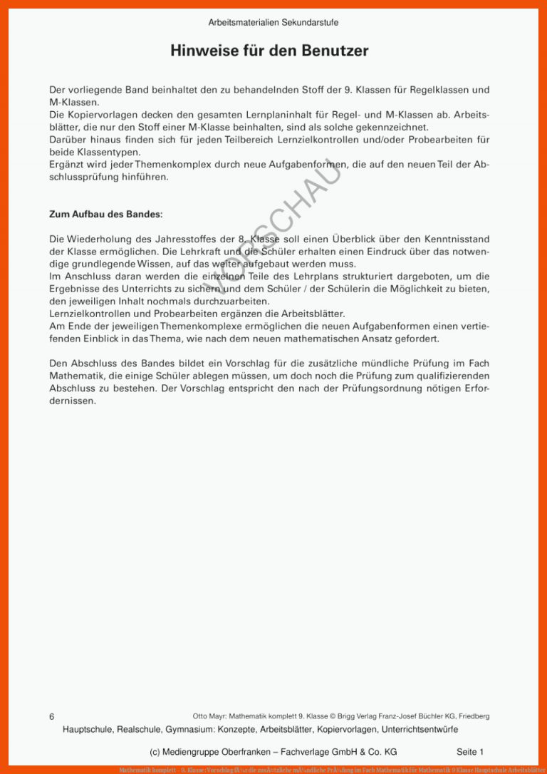 Mathematik komplett - 9. Klasse: Vorschlag fÃ¼r die zusÃ¤tzliche mÃ¼ndliche PrÃ¼fung im Fach Mathematik für mathematik 9 klasse hauptschule arbeitsblätter