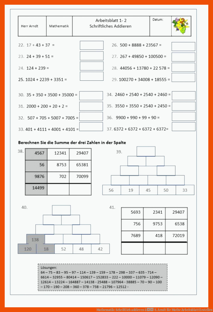 Mathematik: Schriftlich addieren â S. Arndt für mathe arbeitsblatt erstellen