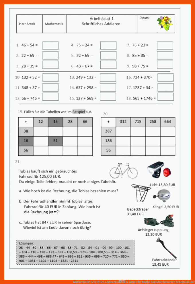 Mathematik: Schriftlich addieren â S. Arndt für mathe grundrechenarten arbeitsblätter