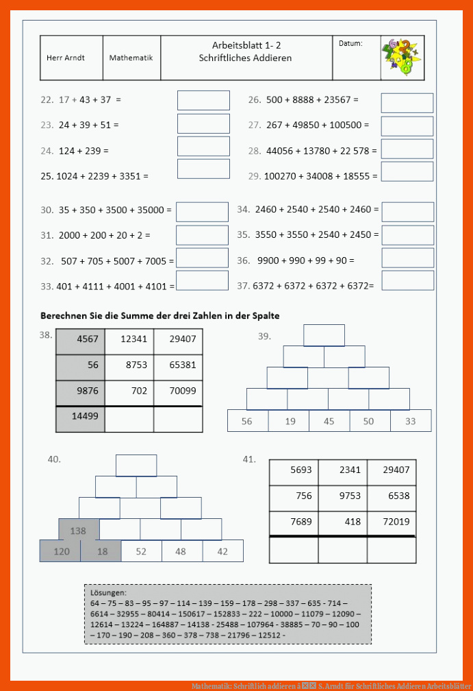 Mathematik: Schriftlich addieren â S. Arndt für schriftliches addieren arbeitsblätter