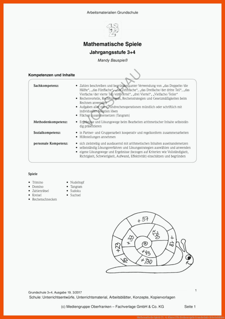 Mathematische Spiele (3.-4. Klasse) für rechenregeln grundschule arbeitsblätter