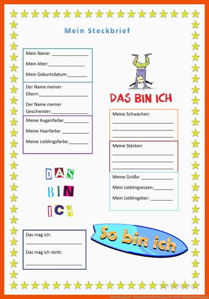 Mein Steckbrief - Deutsch Daf Arbeitsblatter für meine stärken arbeitsblatt