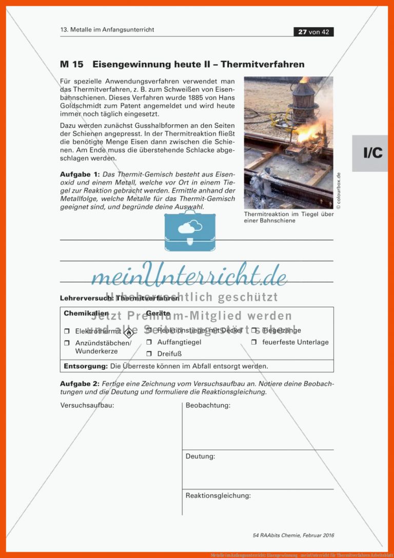 Metalle im Anfangsunterricht: Eisengewinnung - meinUnterricht für thermitverfahren arbeitsblatt