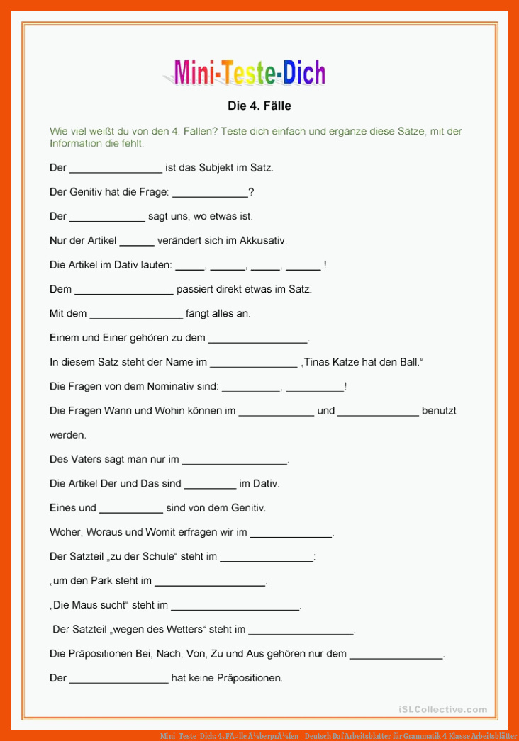 Mini-Teste-Dich: 4. FÃ¤lle Ã¼berprÃ¼fen - Deutsch Daf Arbeitsblatter für grammatik 4 klasse arbeitsblätter