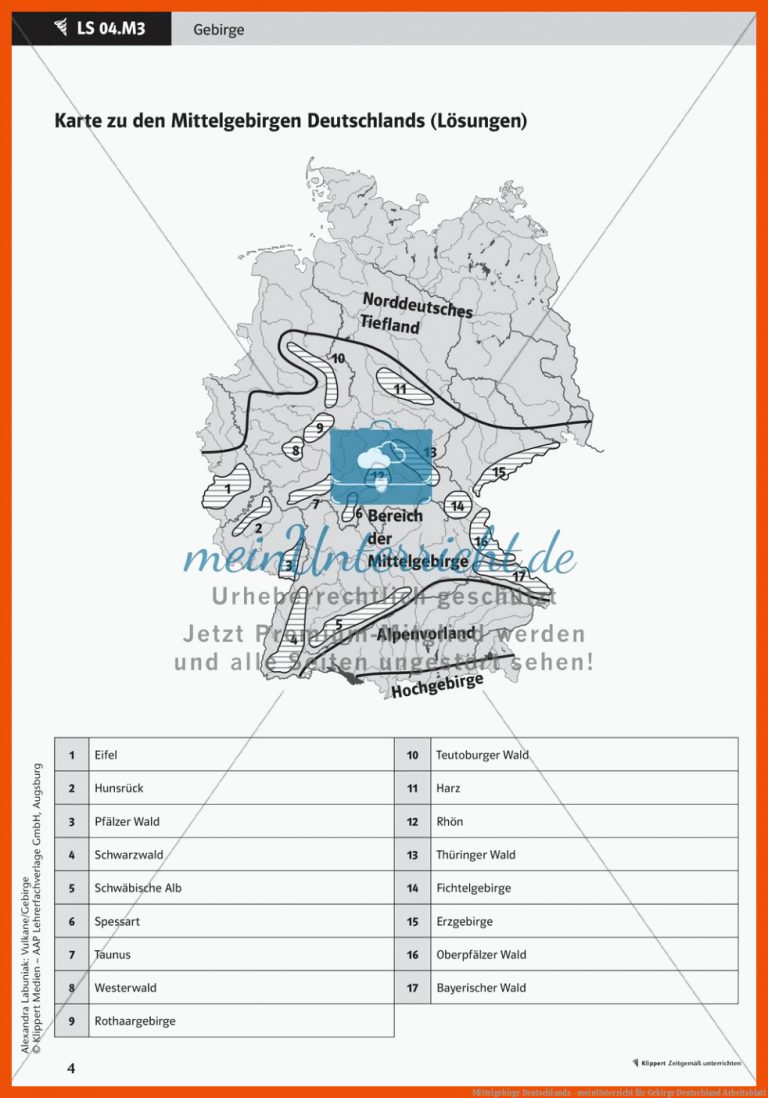 Mittelgebirge Deutschlands - meinUnterricht für gebirge deutschland arbeitsblatt