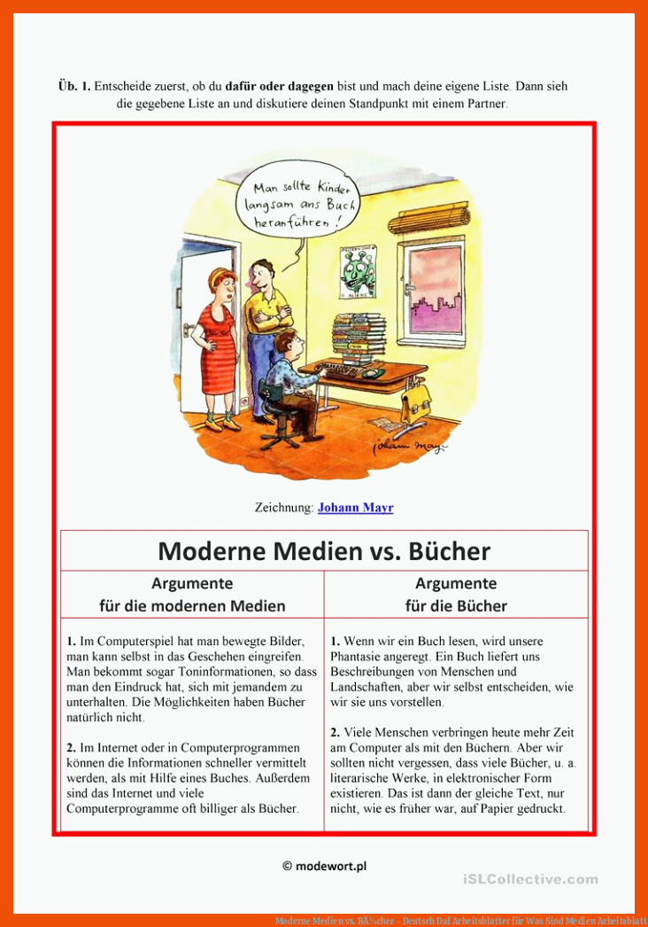 Moderne Medien vs. BÃ¼cher - Deutsch Daf Arbeitsblatter für was sind medien arbeitsblatt