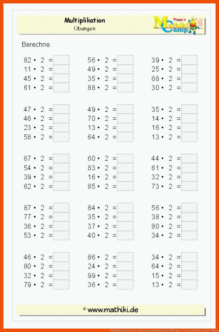 Multiplikation (Klasse 3) - kostenloses Arbeitsblatt mit LÃ¶sungen ... für arbeitsblätter 3. klasse mathe