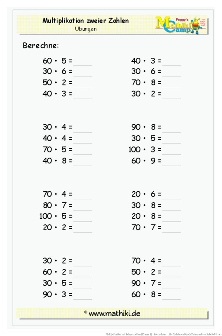 Multiplikation mit Zehnerzahlen (Klasse 3) - kostenloses ... für Dividieren Durch Zehnerzahlen Arbeitsblätter