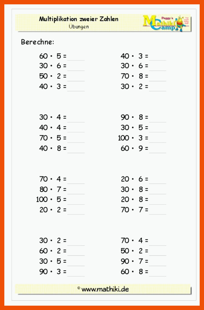 Multiplikation mit Zehnerzahlen (Klasse 3) - kostenloses ... für multiplikation klasse 2 arbeitsblätter