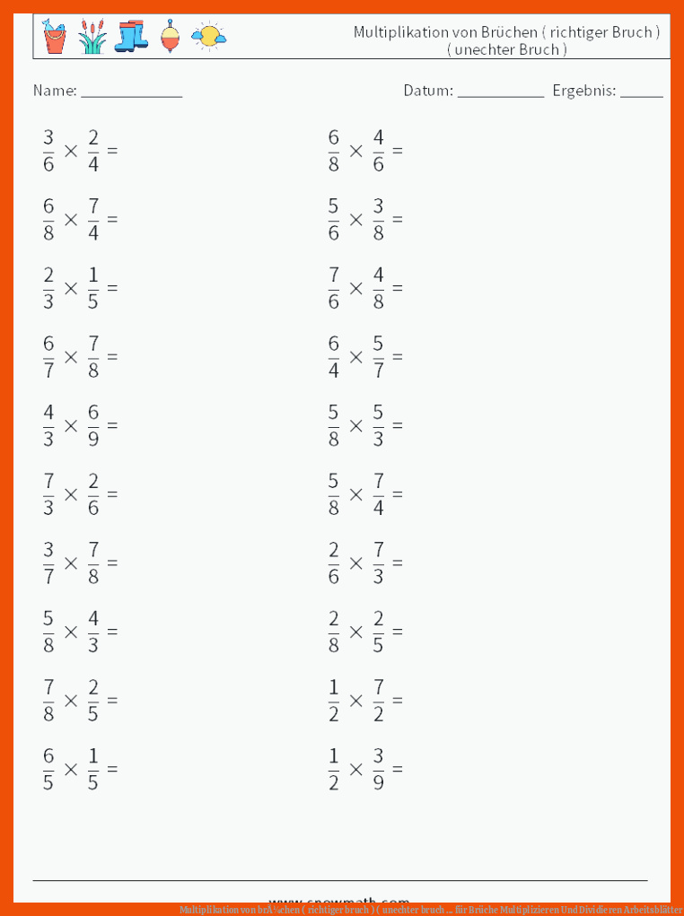 Multiplikation von brÃ¼chen ( richtiger bruch ) ( unechter bruch ... für brüche multiplizieren und dividieren arbeitsblätter