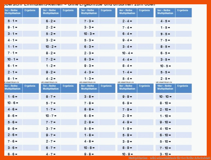 Multiplikation - wiki.wisseninklusiv für 6er reihe arbeitsblatt