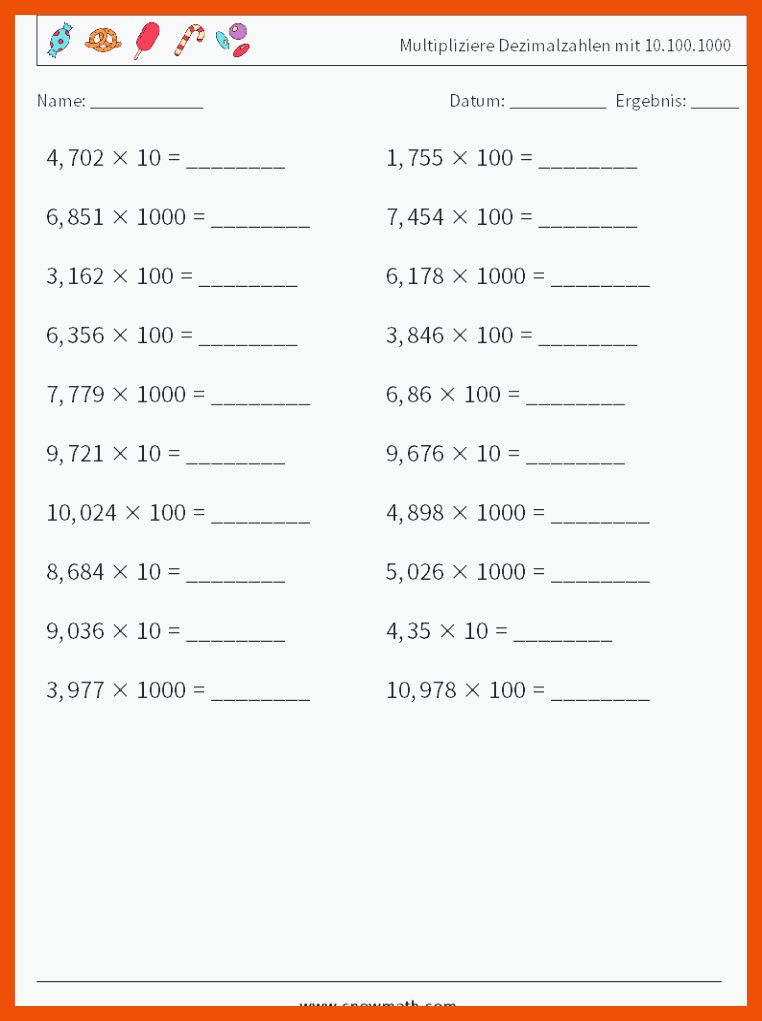 Multipliziere dezimalzahlen mit 10.100.1000 Mathe-ArbeitsblÃ¤tter ... für multiplikation von dezimalzahlen arbeitsblätter
