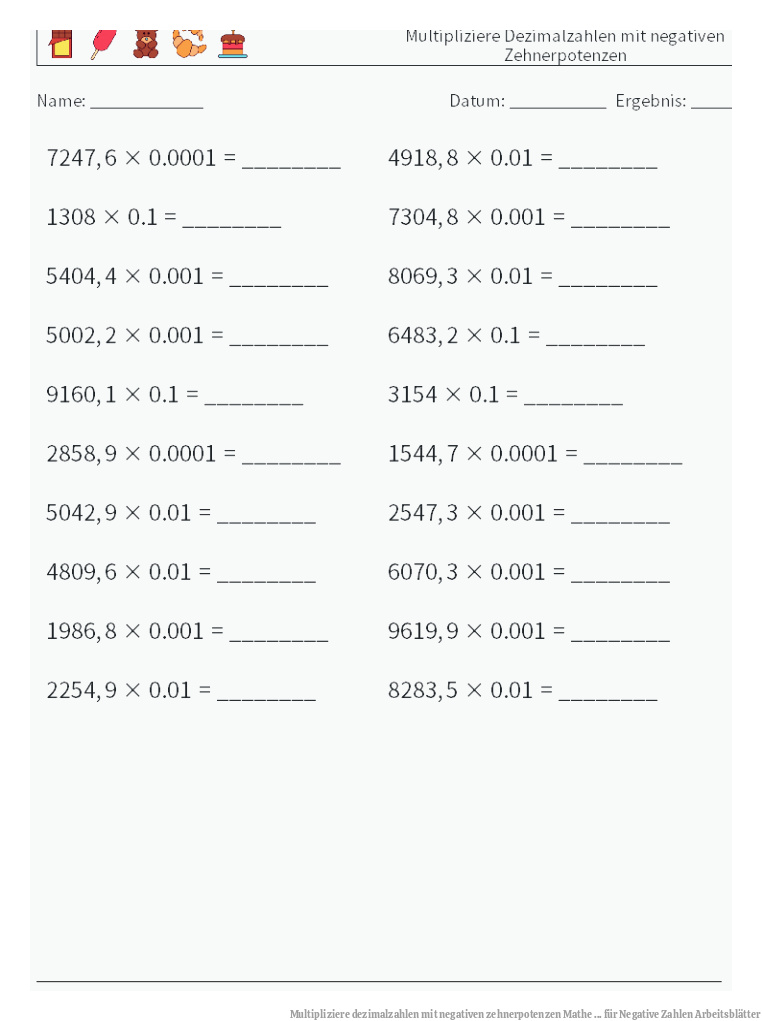 Multipliziere dezimalzahlen mit negativen zehnerpotenzen Mathe ... für Negative Zahlen Arbeitsblätter