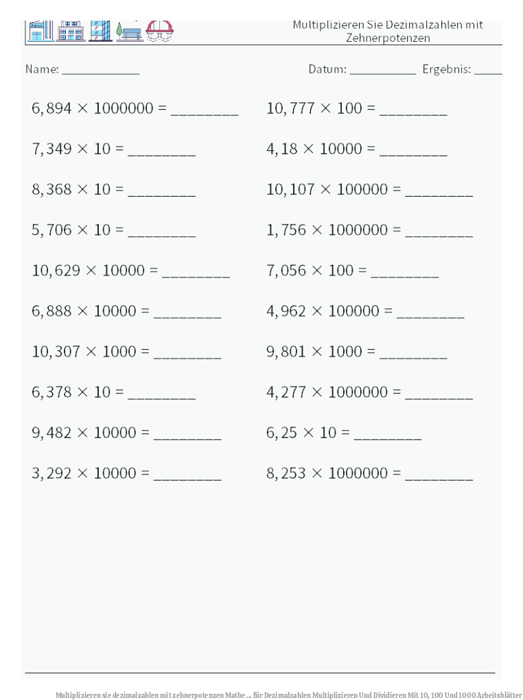 Multiplizieren sie dezimalzahlen mit zehnerpotenzen Mathe ... für Dezimalzahlen Multiplizieren Und Dividieren Mit 10, 100 Und 1000 Arbeitsblätter