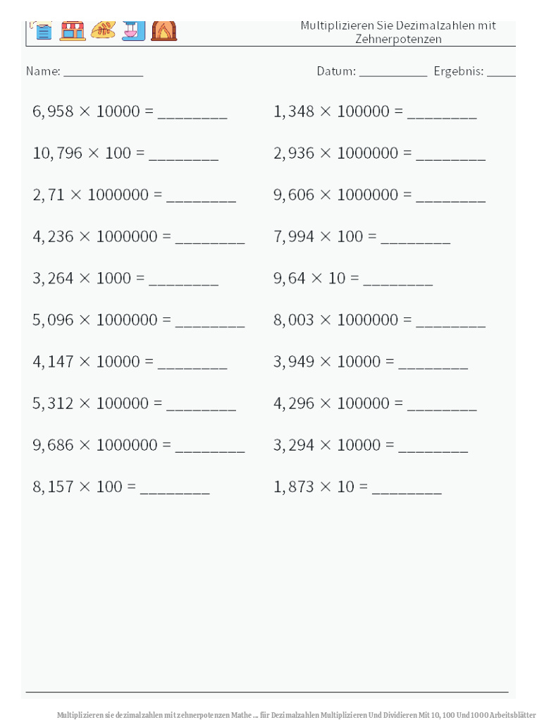 Multiplizieren sie dezimalzahlen mit zehnerpotenzen Mathe ... für Dezimalzahlen Multiplizieren Und Dividieren Mit 10, 100 Und 1000 Arbeitsblätter