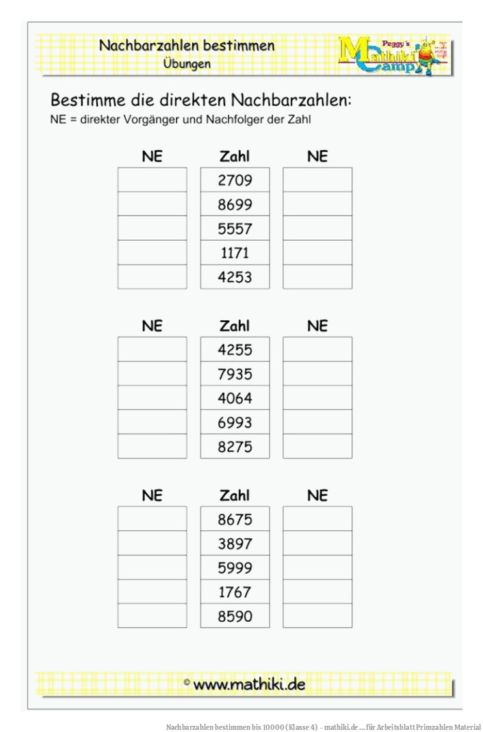 Nachbarzahlen bestimmen bis 10000 (Klasse 4) - mathiki.de ... für Arbeitsblatt Primzahlen Material