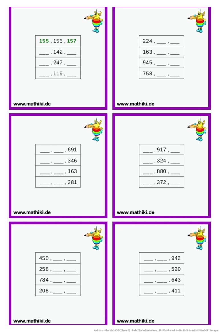 Nachbarzahlen bis 1000 (Klasse 3) - Lade Dir das kostenlose ... für Nachbarzahlen Bis 1000 Arbeitsblätter Mit Lösungen