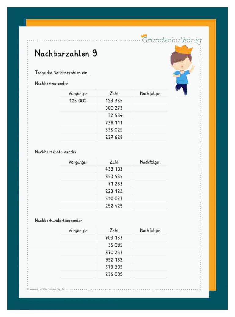 Nachbarzahlen Im Zahlenraum 1 000 000 Fuer Nachbarzahlen 4. Klasse Arbeitsblatt