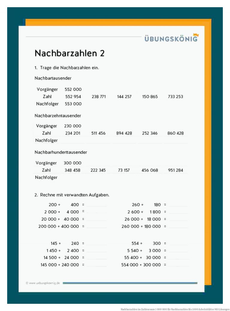 Nachbarzahlen im Zahlenraum 1 000 000 für Nachbarzahlen Bis 1000 Arbeitsblätter Mit Lösungen