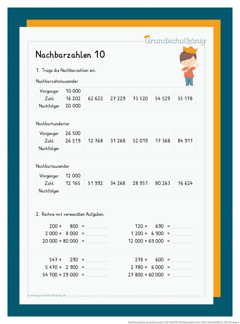 Nachbarzahlen im Zahlenraum 100 000 für Nachbarzahlen Bis 1000 Arbeitsblätter Mit Lösungen