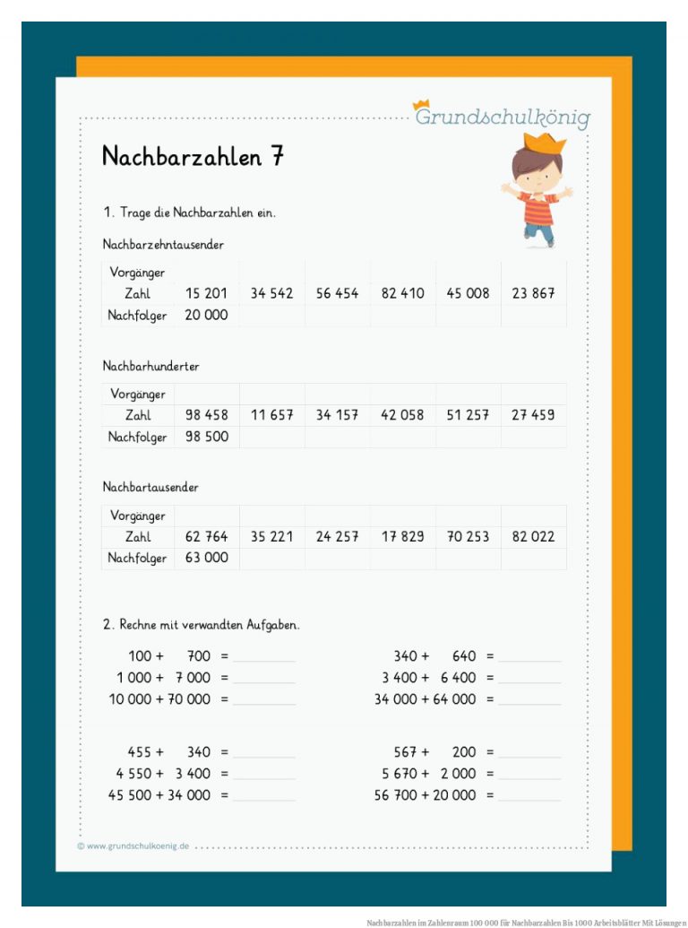 Nachbarzahlen im Zahlenraum 100 000 für Nachbarzahlen Bis 1000 Arbeitsblätter Mit Lösungen