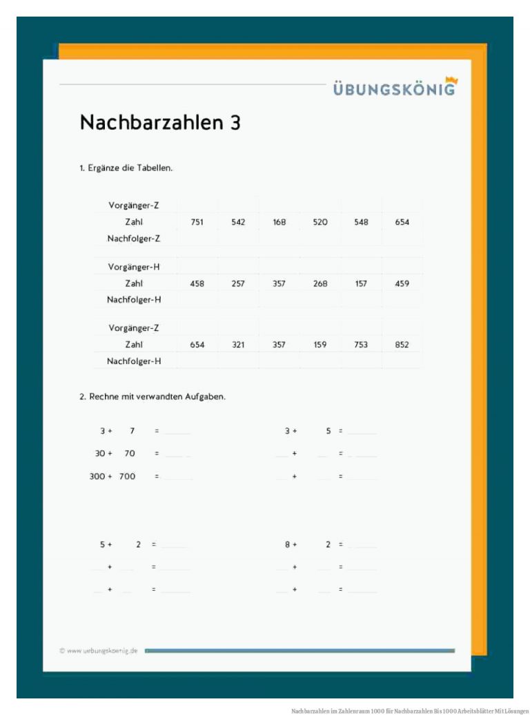 Nachbarzahlen im Zahlenraum 1000 für Nachbarzahlen Bis 1000 Arbeitsblätter Mit Lösungen