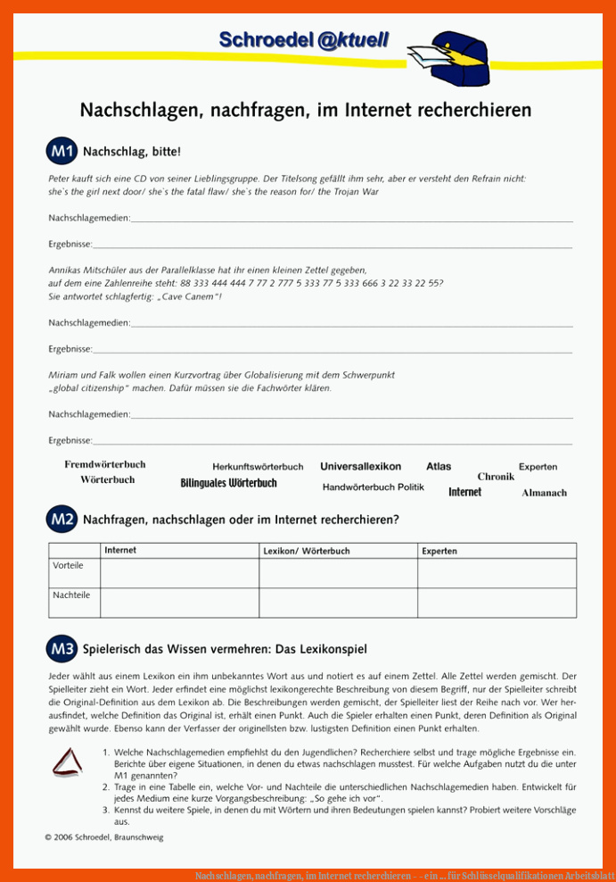 Nachschlagen, nachfragen, im Internet recherchieren - - ein ... für schlüsselqualifikationen arbeitsblatt