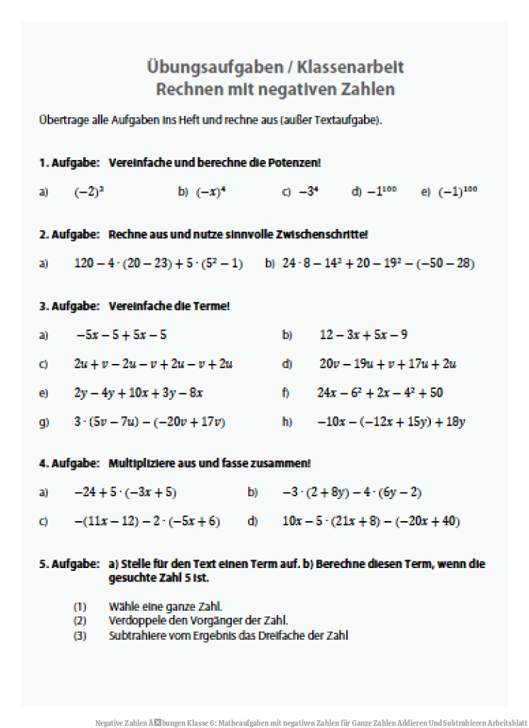 Negative Zahlen Ãbungen Klasse 6: Matheaufgaben mit negativen Zahlen für Ganze Zahlen Addieren Und Subtrahieren Arbeitsblatt