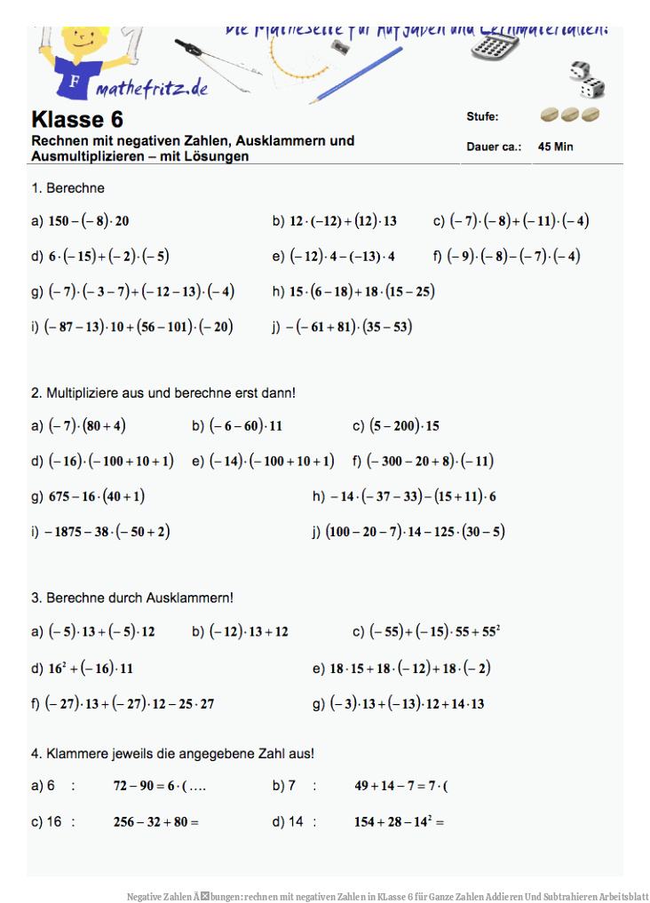 Negative Zahlen Ãbungen: rechnen mit negativen Zahlen in KLasse 6 für Ganze Zahlen Addieren Und Subtrahieren Arbeitsblatt