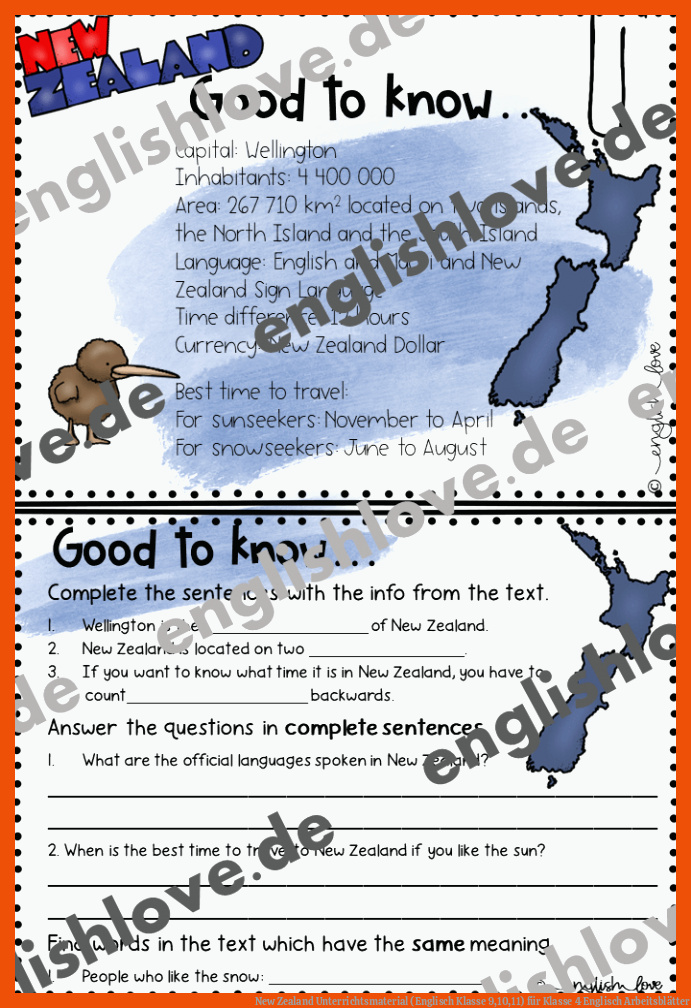 New Zealand Unterrichtsmaterial (Englisch Klasse 9,10,11) für klasse 4 englisch arbeitsblätter