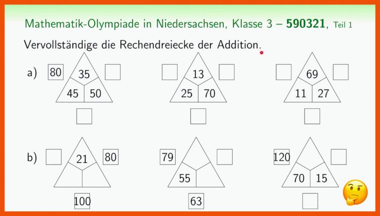 NI590321 der Mathematik-Olympiade (Rechendreiecke, Klasse 3, Teil 1, 2. Stufe) für rechendreiecke 3 klasse arbeitsblätter