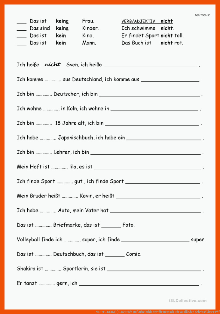 NICHT - KEIN(E) - Deutsch Daf Arbeitsblatter für deutsch für ausländer arbeitsblätter pdf