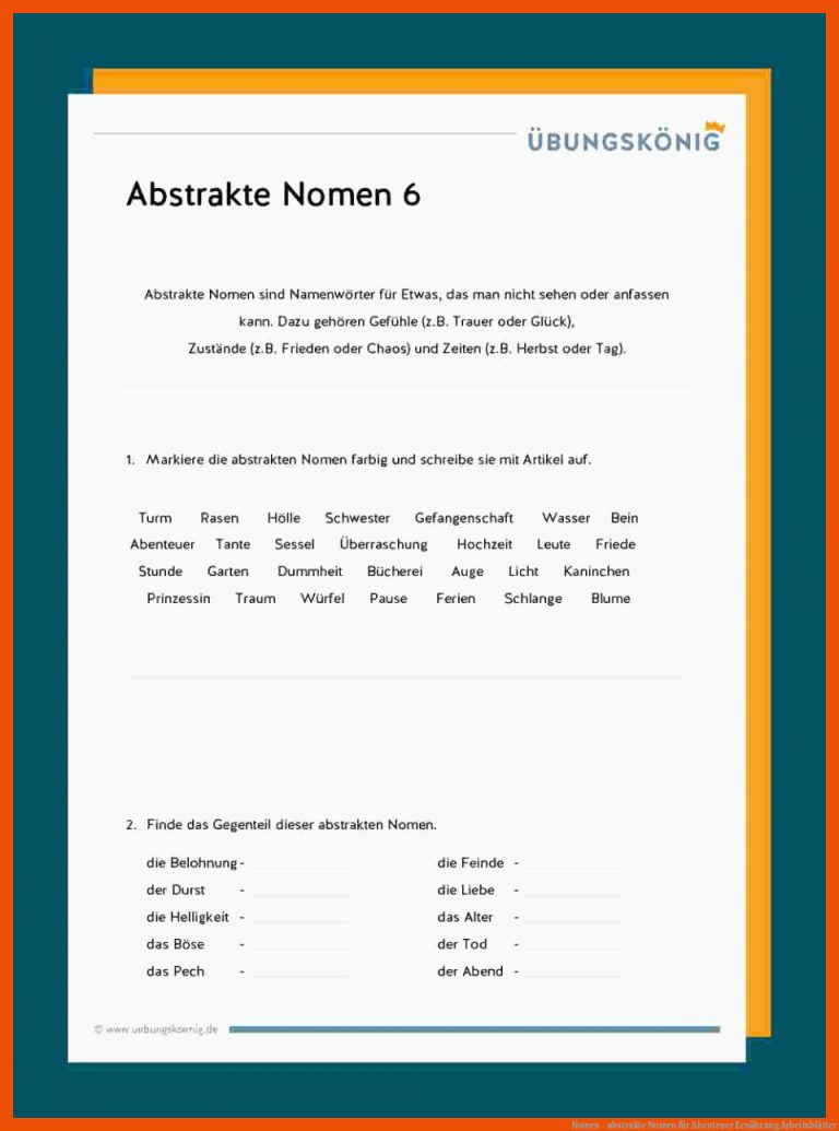 Nomen - abstrakte Nomen für abenteuer ernährung arbeitsblätter