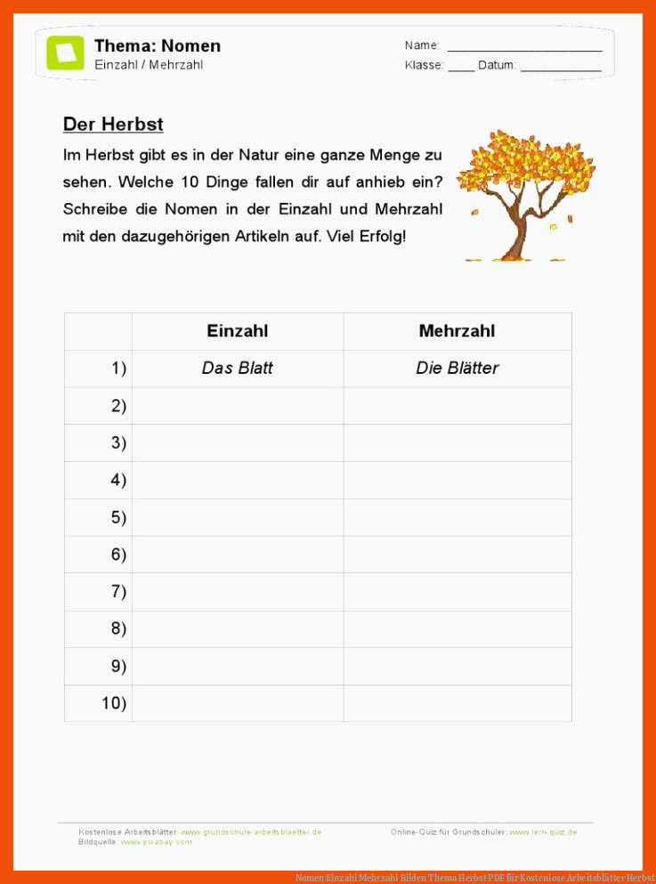 Nomen Einzahl Mehrzahl Bilden Thema Herbst | PDF für kostenlose arbeitsblätter herbst