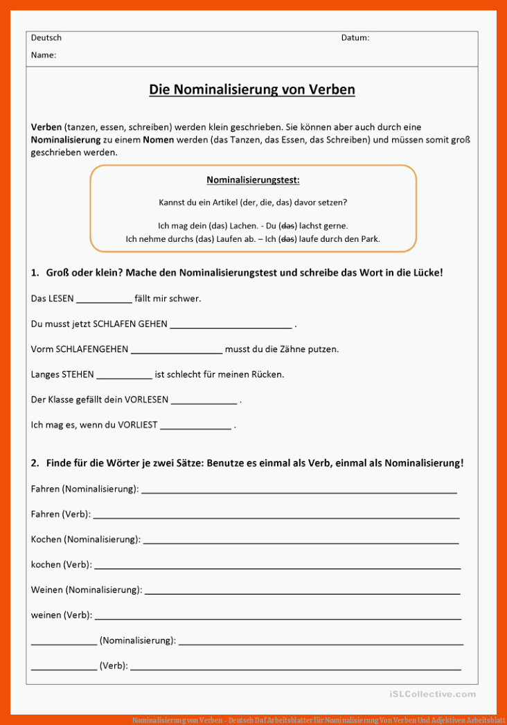 Nominalisierung von Verben - Deutsch Daf Arbeitsblatter für nominalisierung von verben und adjektiven arbeitsblatt
