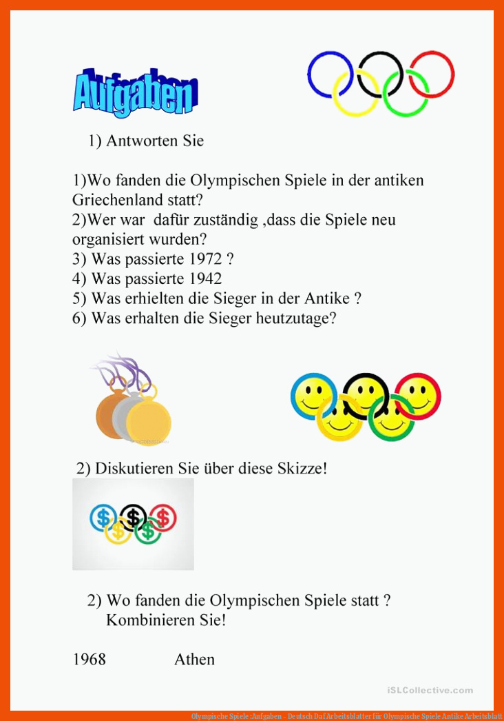 Olympische Spiele :Aufgaben - Deutsch Daf Arbeitsblatter für olympische spiele antike arbeitsblatt