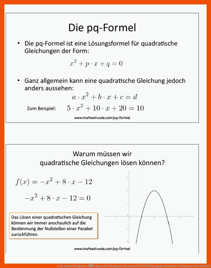 P-Q-Formel Aufgaben Ãbungen Herleitung zur PQ Formel für einführung quadratische funktionen arbeitsblatt