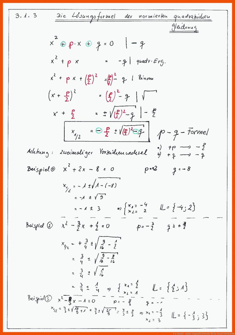 P-q-formel - Mathe-ringwalds Webseite! Fuer Pq-formel Arbeitsblatt