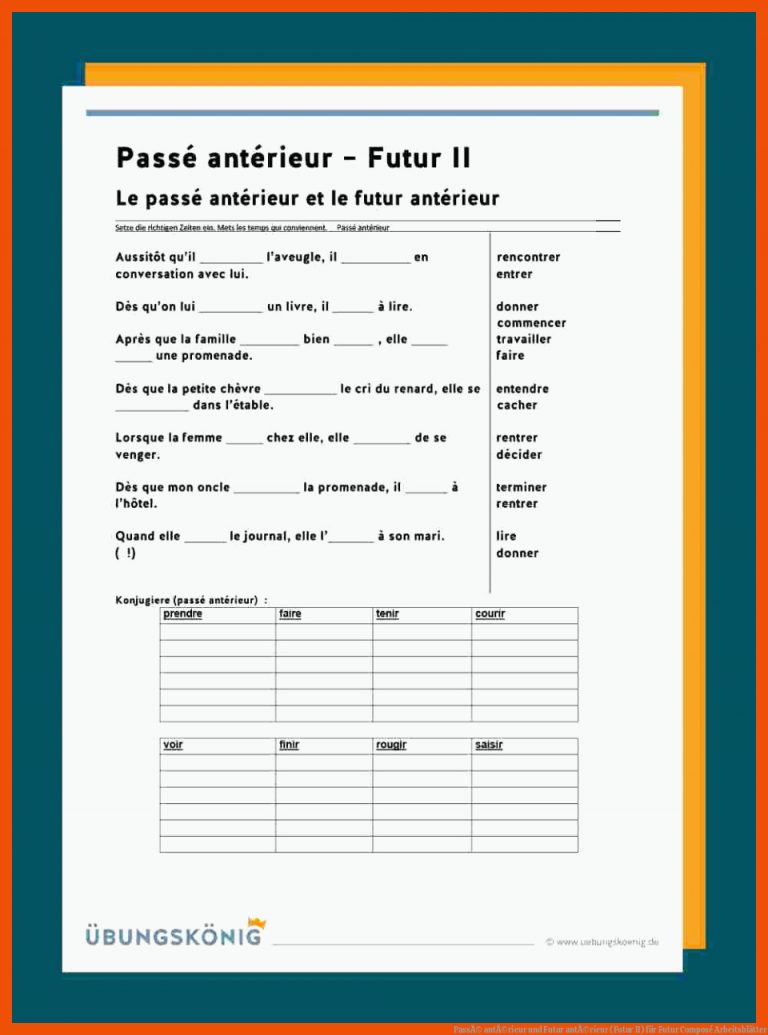PassÃ© antÃ©rieur und Futur antÃ©rieur (Futur II) für futur composé arbeitsblätter