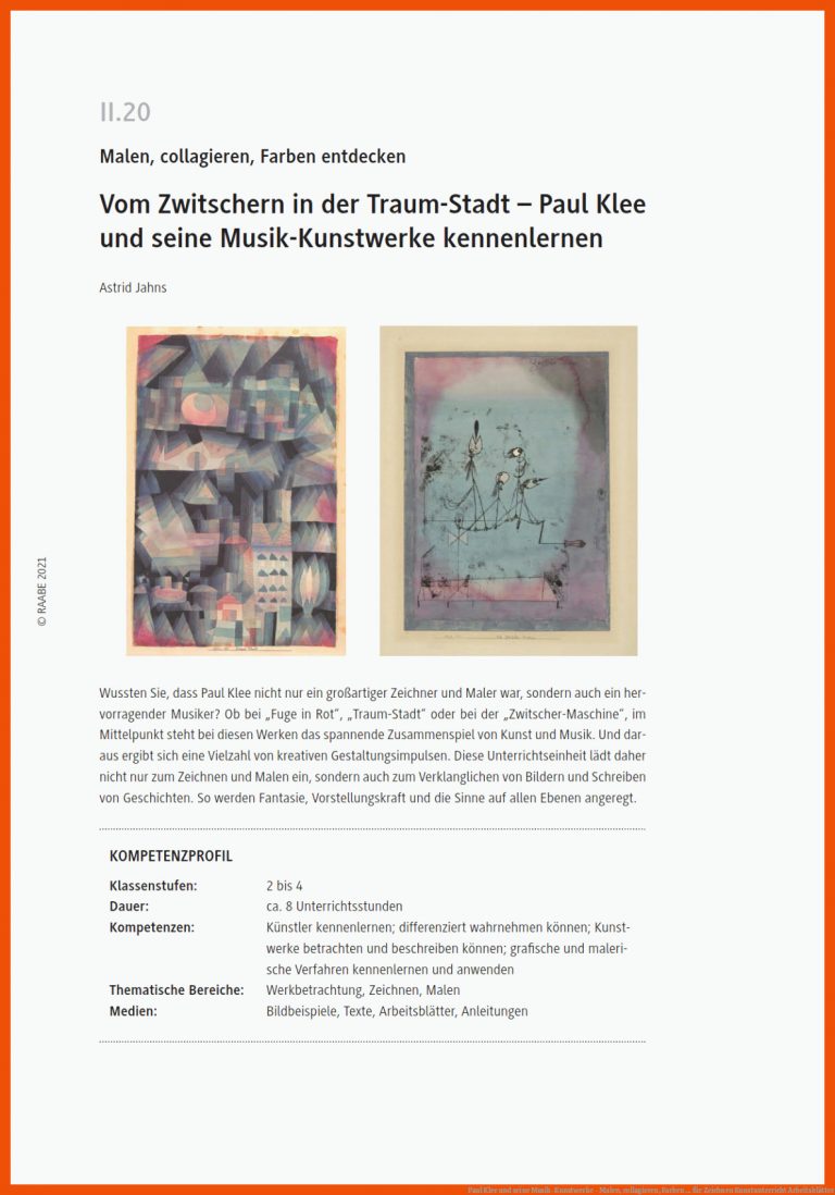 Paul Klee und seine Musik-Kunstwerke - Malen, collagieren, Farben ... für zeichnen kunstunterricht arbeitsblätter